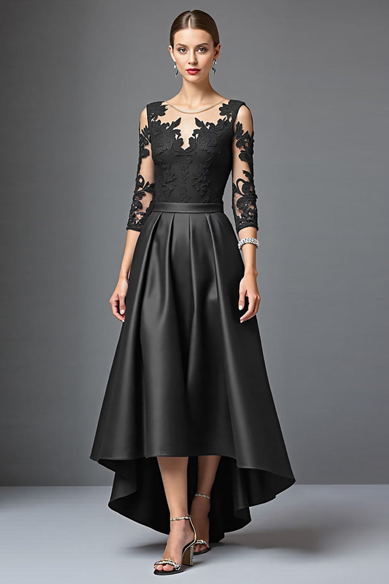 Load image into Gallery viewer, Navy Satin A Line High Low Mother of the Bride Dress with Lace