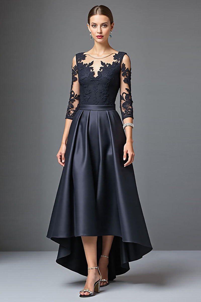 Load image into Gallery viewer, Navy Satin A Line High Low Mother of the Bride Dress with Lace
