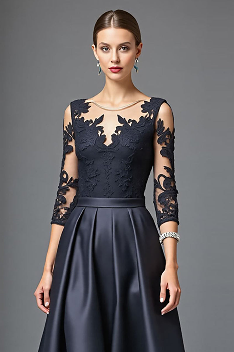 Load image into Gallery viewer, Navy Satin A Line High Low Mother of the Bride Dress with Lace