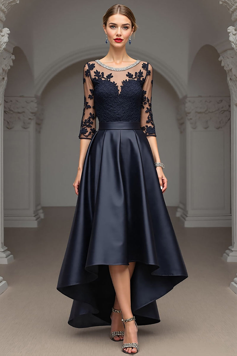 Load image into Gallery viewer, Navy Satin A Line Long Mother of the Bride Dress with Lace