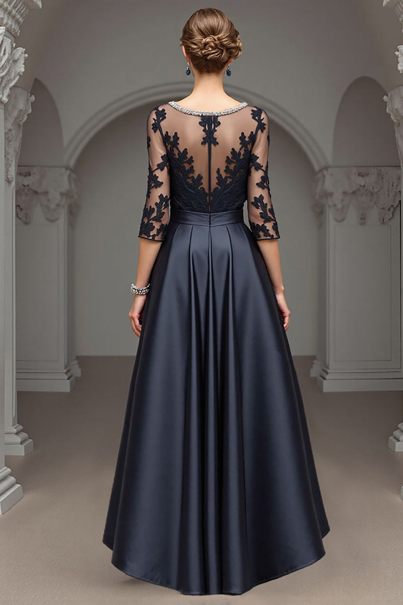 Load image into Gallery viewer, Navy Satin A Line Long Mother of the Bride Dress with Lace