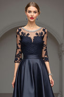 Load image into Gallery viewer, Navy Satin A Line Long Mother of the Bride Dress with Lace