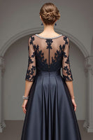 Load image into Gallery viewer, Navy Satin A Line Long Mother of the Bride Dress with Lace