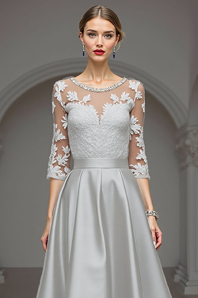 Load image into Gallery viewer, Navy Satin A Line Long Mother of the Bride Dress with Lace