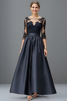 Load image into Gallery viewer, Navy Satin A Line Long Sleeves Mother of the Bride Dress with Lace