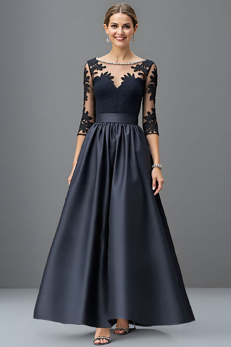 Load image into Gallery viewer, Navy Satin A Line Long Sleeves Mother of the Bride Dress with Lace