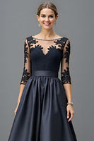 Load image into Gallery viewer, Navy Satin A Line Long Sleeves Mother of the Bride Dress with Lace