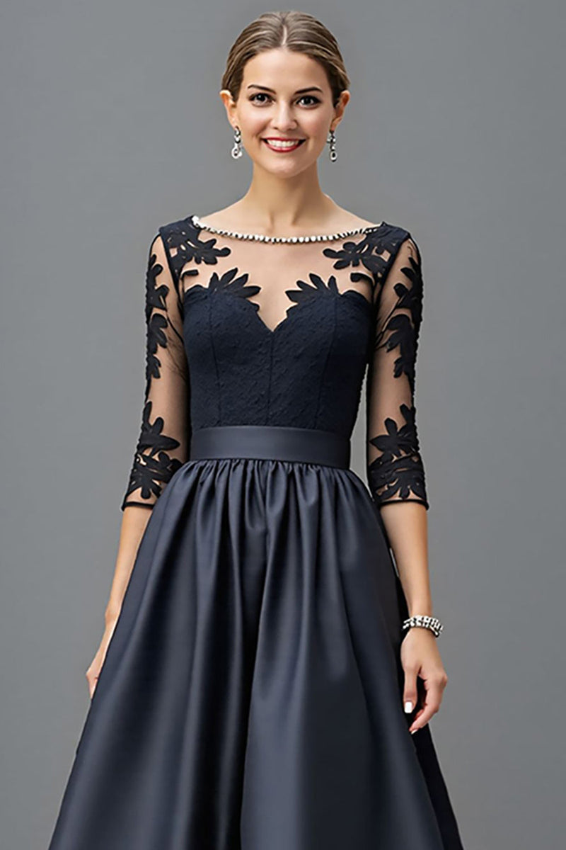 Load image into Gallery viewer, Navy Satin A Line Long Sleeves Mother of the Bride Dress with Lace