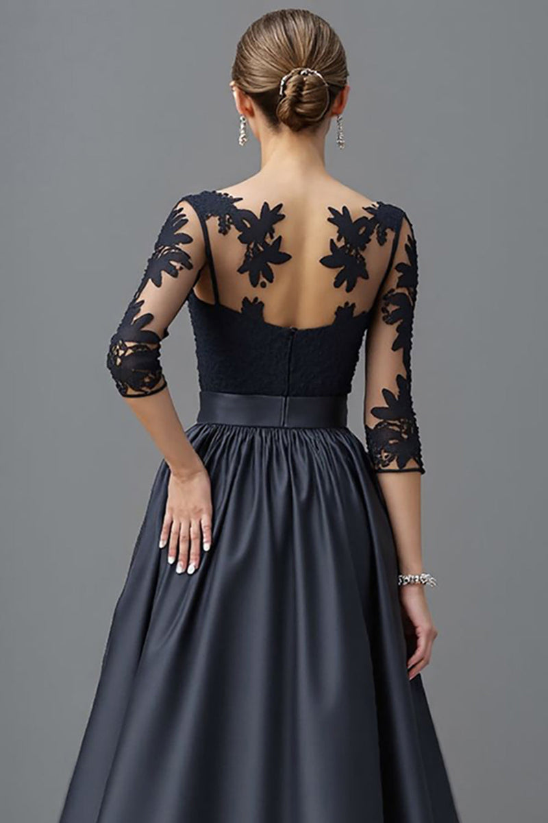 Load image into Gallery viewer, Navy Satin A Line Long Sleeves Mother of the Bride Dress with Lace