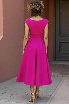 Fuchsia A Line V-Neck Midi Satin Mother of the Bride Dress