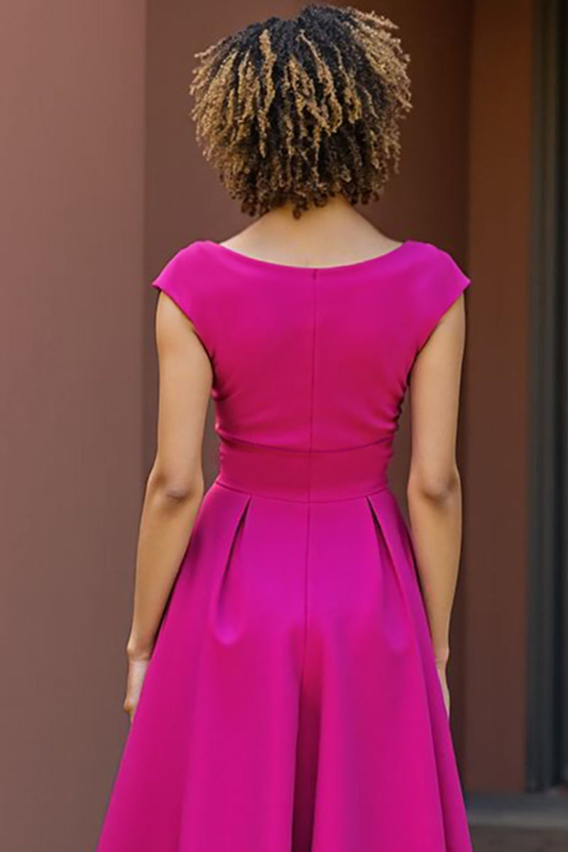 Load image into Gallery viewer, Fuchsia A Line V-Neck Midi Satin Mother of the Bride Dress