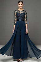 Load image into Gallery viewer, Navy Chiffon Long Mother of the Bride Pantsuits with Appliques