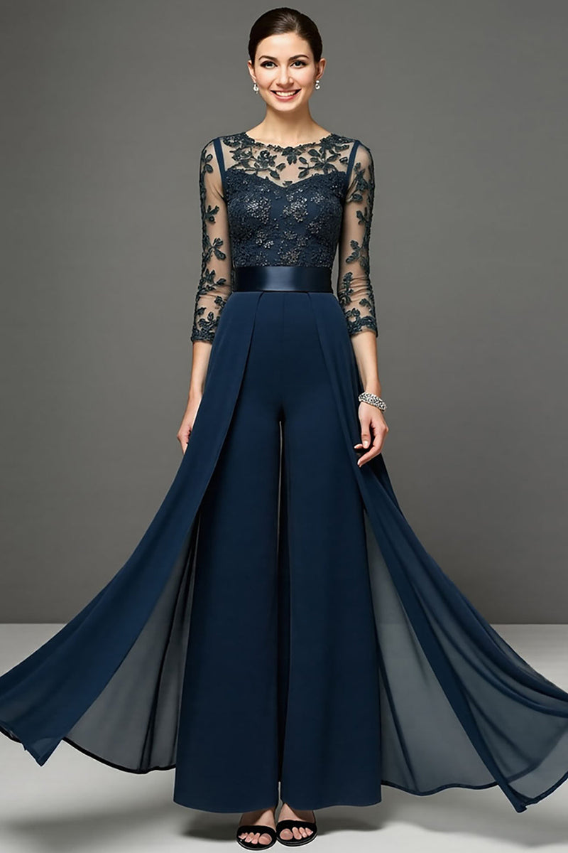 Load image into Gallery viewer, Navy Chiffon Long Mother of the Bride Pantsuits with Appliques