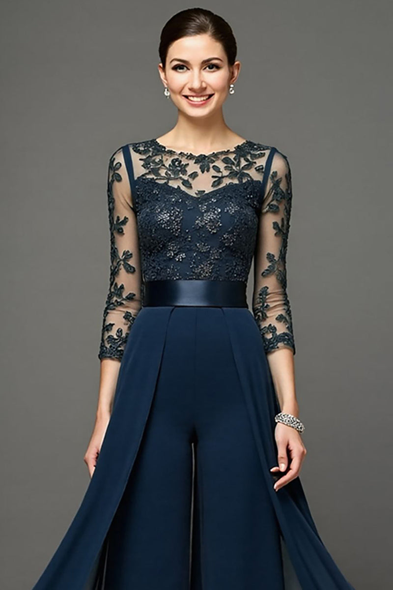 Load image into Gallery viewer, Navy Chiffon Long Mother of the Bride Pantsuits with Appliques
