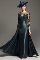 Load image into Gallery viewer, Navy Satin Long Sleeves Mother of the Bride Dress with Lace