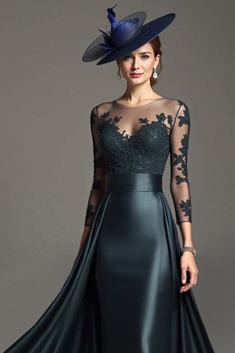 Load image into Gallery viewer, Navy Satin Long Sleeves Mother of the Bride Dress with Lace
