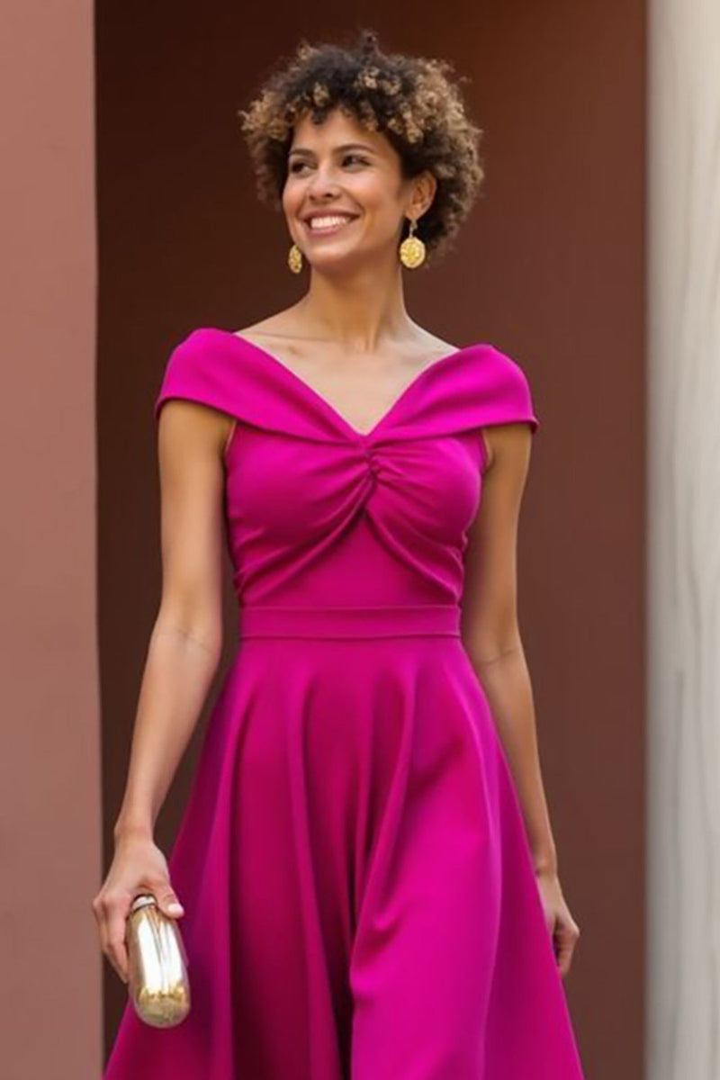 Load image into Gallery viewer, Fuchsia Satin A Line V-Neck Ruched Midi Mother of the Bride Dress