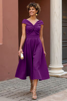 Load image into Gallery viewer, Fuchsia Satin A Line V-Neck Ruched Midi Mother of the Bride Dress