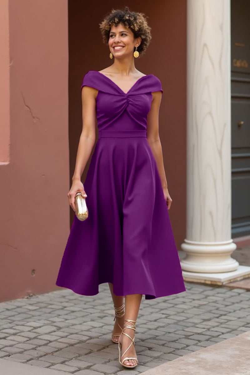 Load image into Gallery viewer, Fuchsia Satin A Line V-Neck Ruched Midi Mother of the Bride Dress