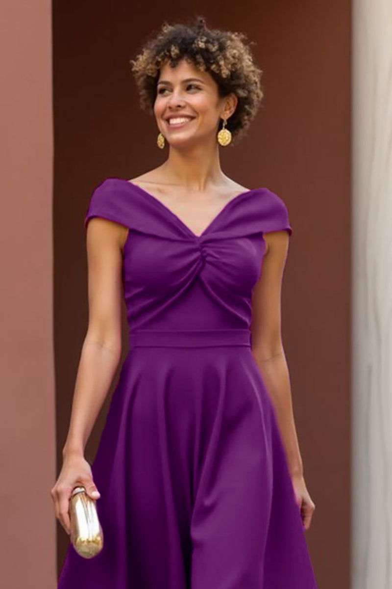 Load image into Gallery viewer, Fuchsia Satin A Line V-Neck Ruched Midi Mother of the Bride Dress