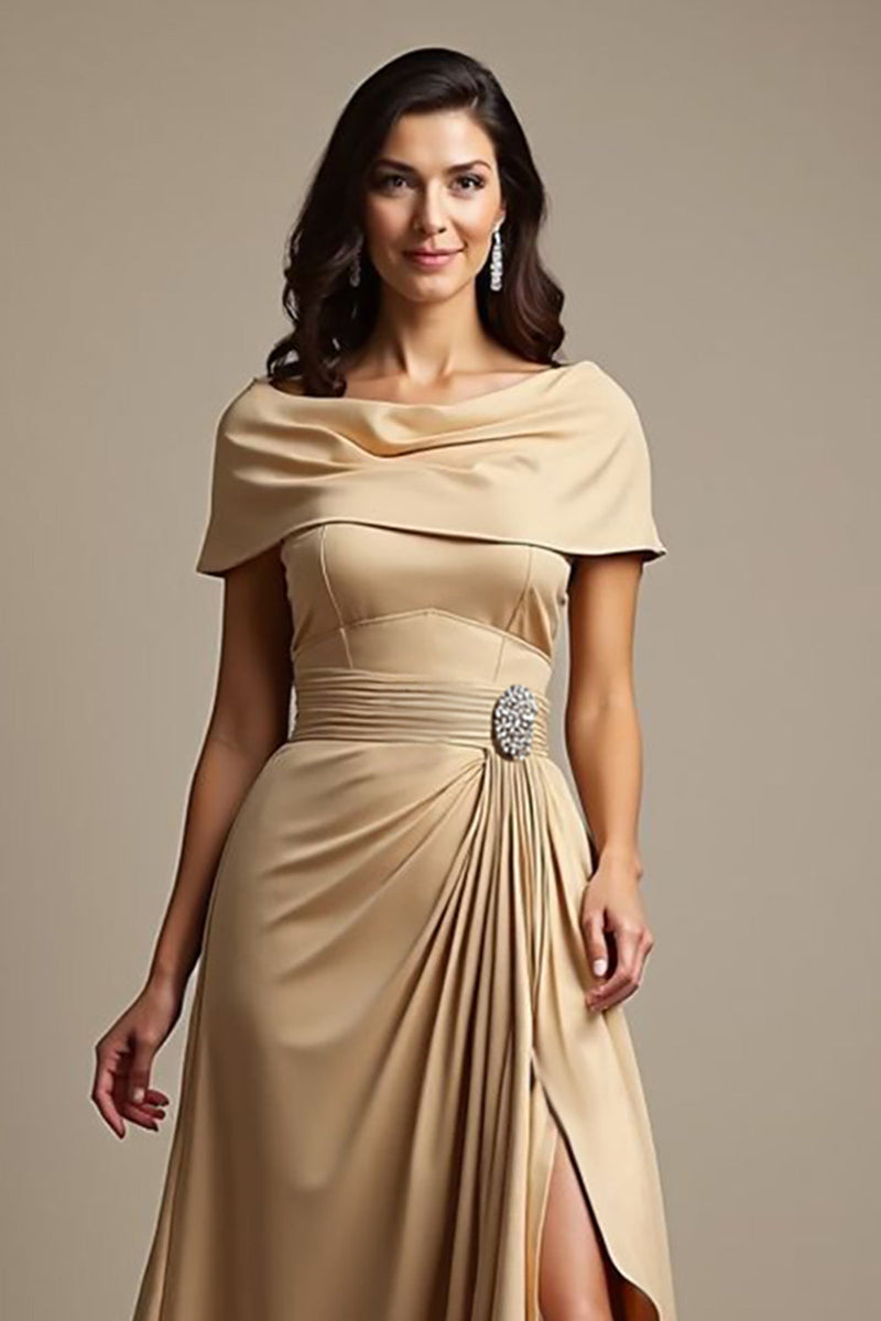 Load image into Gallery viewer, Champagne A Line Satin Long Ruffled Mother of the Bride Dress with Slit