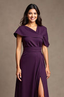 Load image into Gallery viewer, Grape Asymmetrical Neck Long Satin Mother of the Bride Dress with Slit