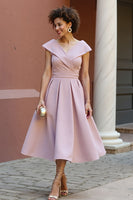 Load image into Gallery viewer, Fuchsia V-Neck A Line Satin Midi Mother of the Bride Dress