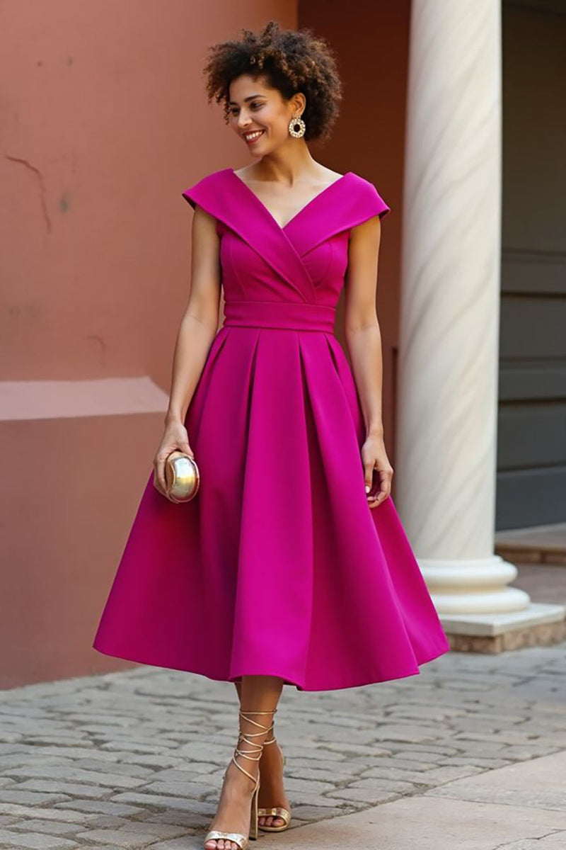 Queendancer Women Hot Pink Satin A Line Midi Mother of the Bride Dress  Ruched V-Neck Cap Sleeves Wedding Guest Dress  queendancer