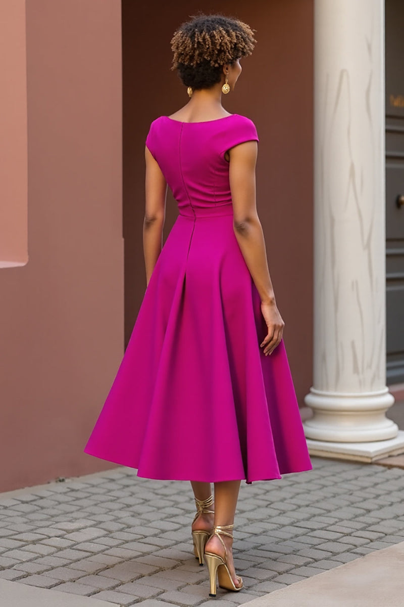 Queendancer Women Hot Pink Satin A Line Midi Mother of the Bride Dress  Ruched V-Neck Cap Sleeves Wedding Guest Dress – queendancer