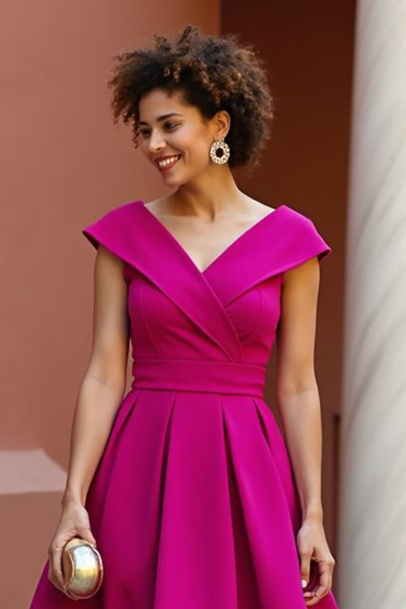 Load image into Gallery viewer, Fuchsia V-Neck A Line Satin Midi Mother of the Bride Dress