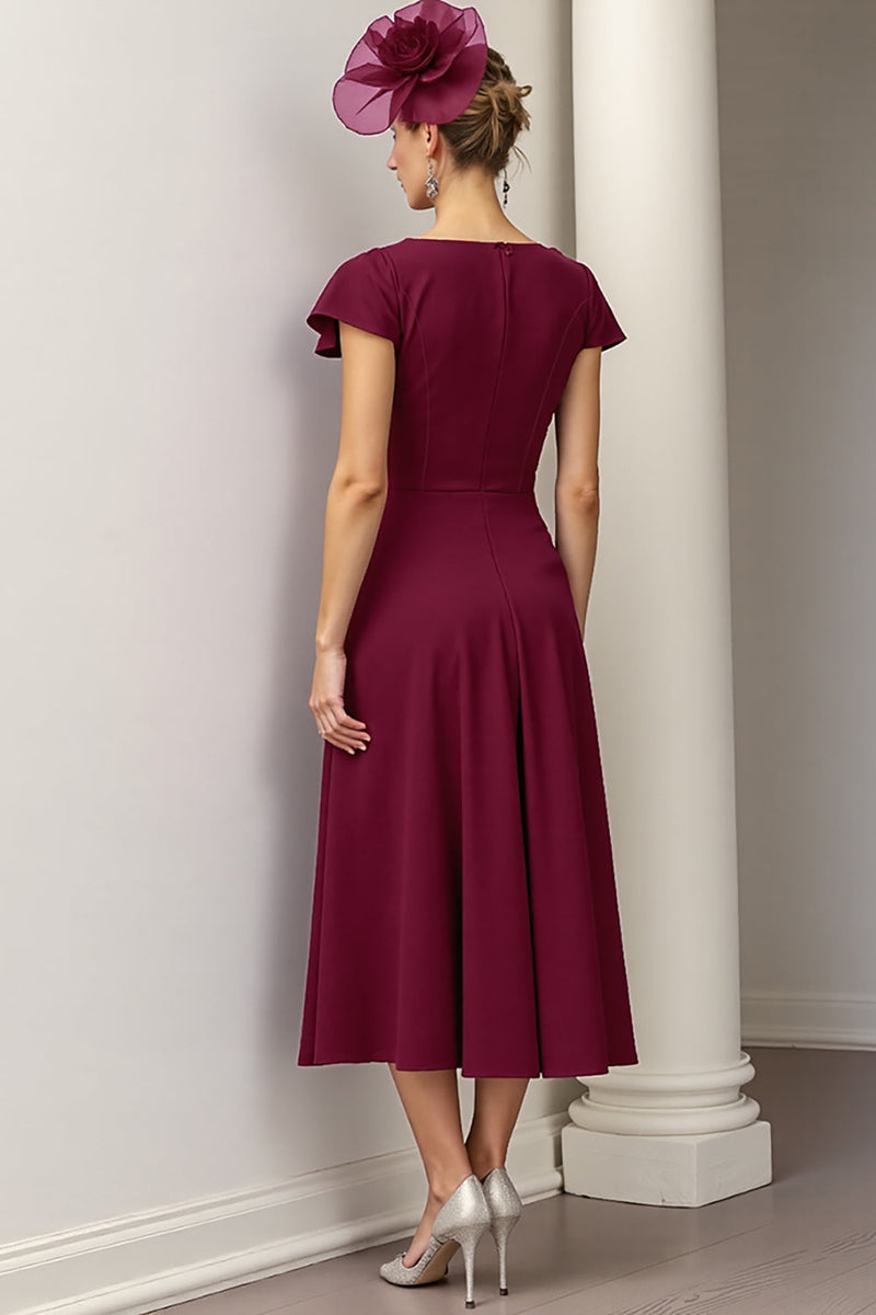 Load image into Gallery viewer, Burgundy A Line Midi Satin Mother of the Bride Dress with Ruffles