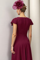 Load image into Gallery viewer, Burgundy A Line Midi Satin Mother of the Bride Dress with Ruffles