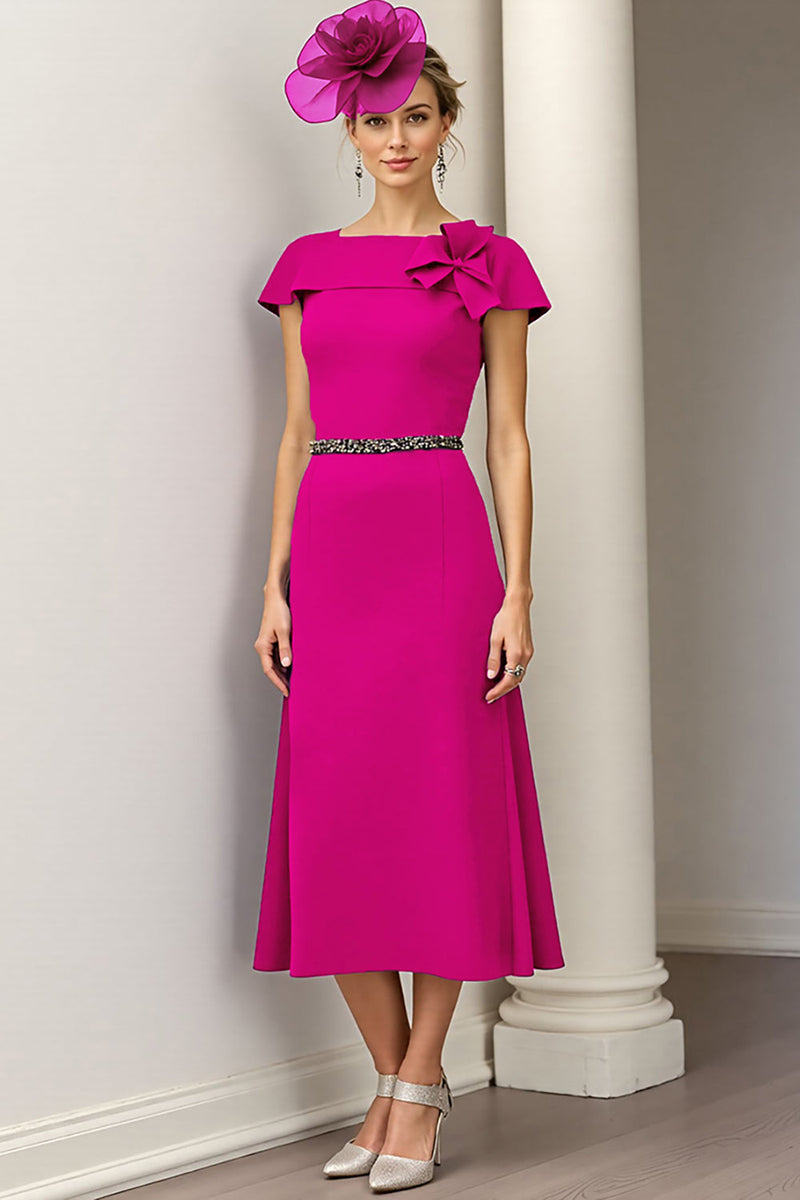 Load image into Gallery viewer, Burgundy A Line Midi Satin Mother of the Bride Dress with Ruffles