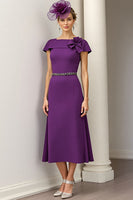 Load image into Gallery viewer, Burgundy A Line Midi Satin Mother of the Bride Dress with Ruffles