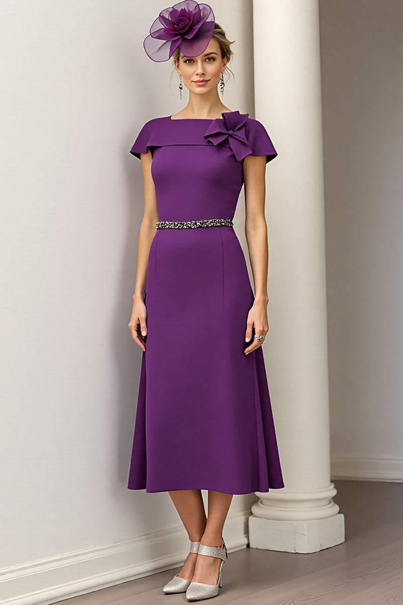 Load image into Gallery viewer, Burgundy A Line Midi Satin Mother of the Bride Dress with Ruffles