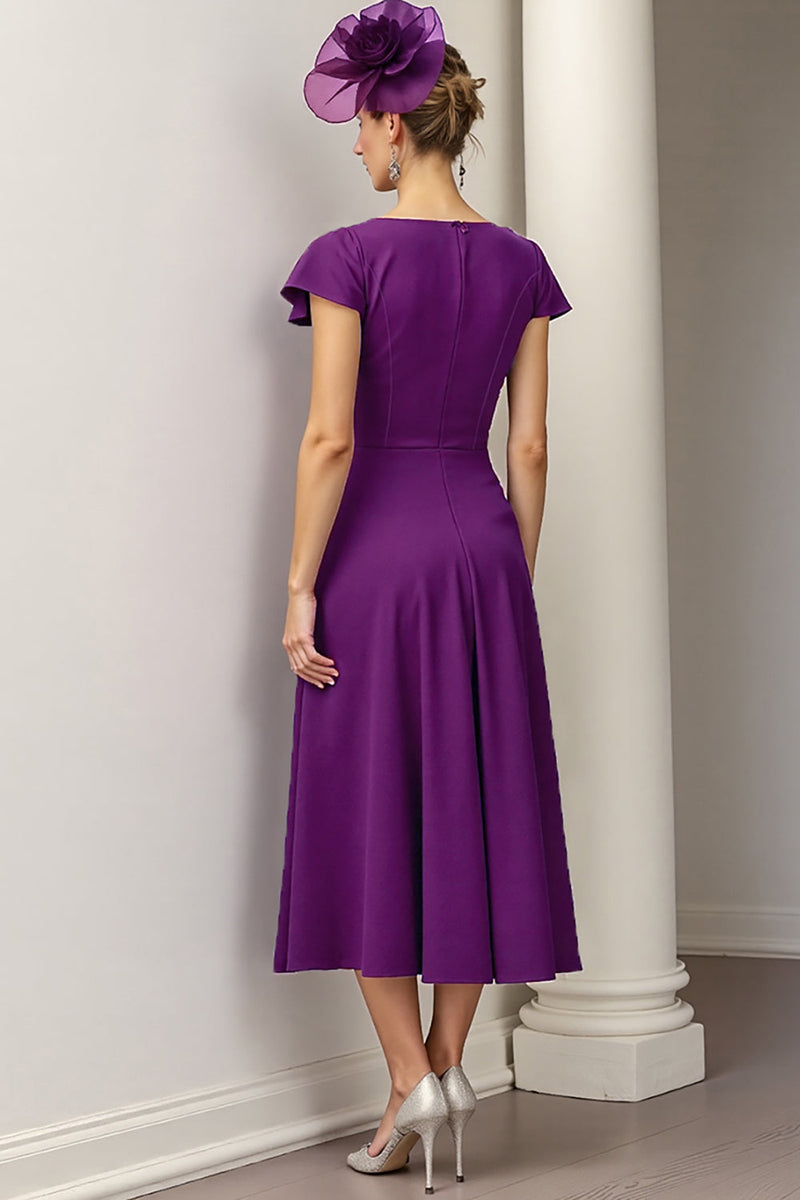 Load image into Gallery viewer, Burgundy A Line Midi Satin Mother of the Bride Dress with Ruffles