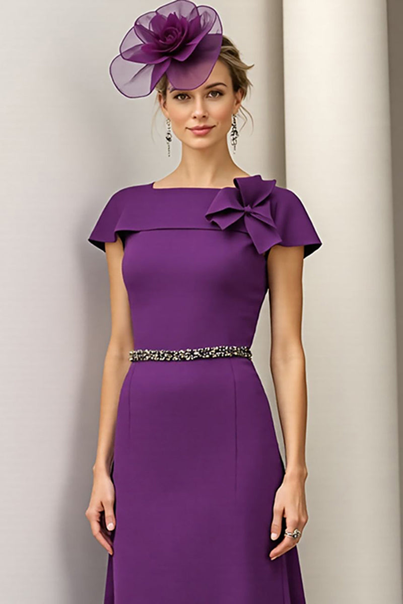 Load image into Gallery viewer, Burgundy A Line Midi Satin Mother of the Bride Dress with Ruffles