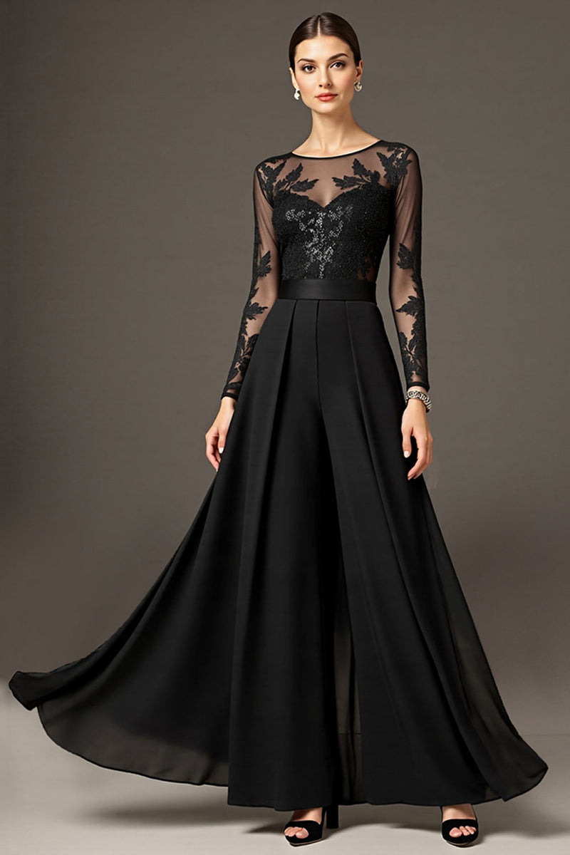 Load image into Gallery viewer, Black A Line Long Chiffon Mother of the Bride Dress with Lace