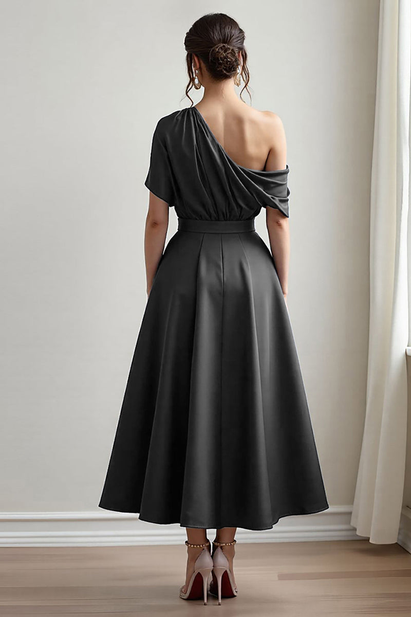 Load image into Gallery viewer, Navy Satin A Line One Shoulder Long Mother of the Bride Dress with Pockets