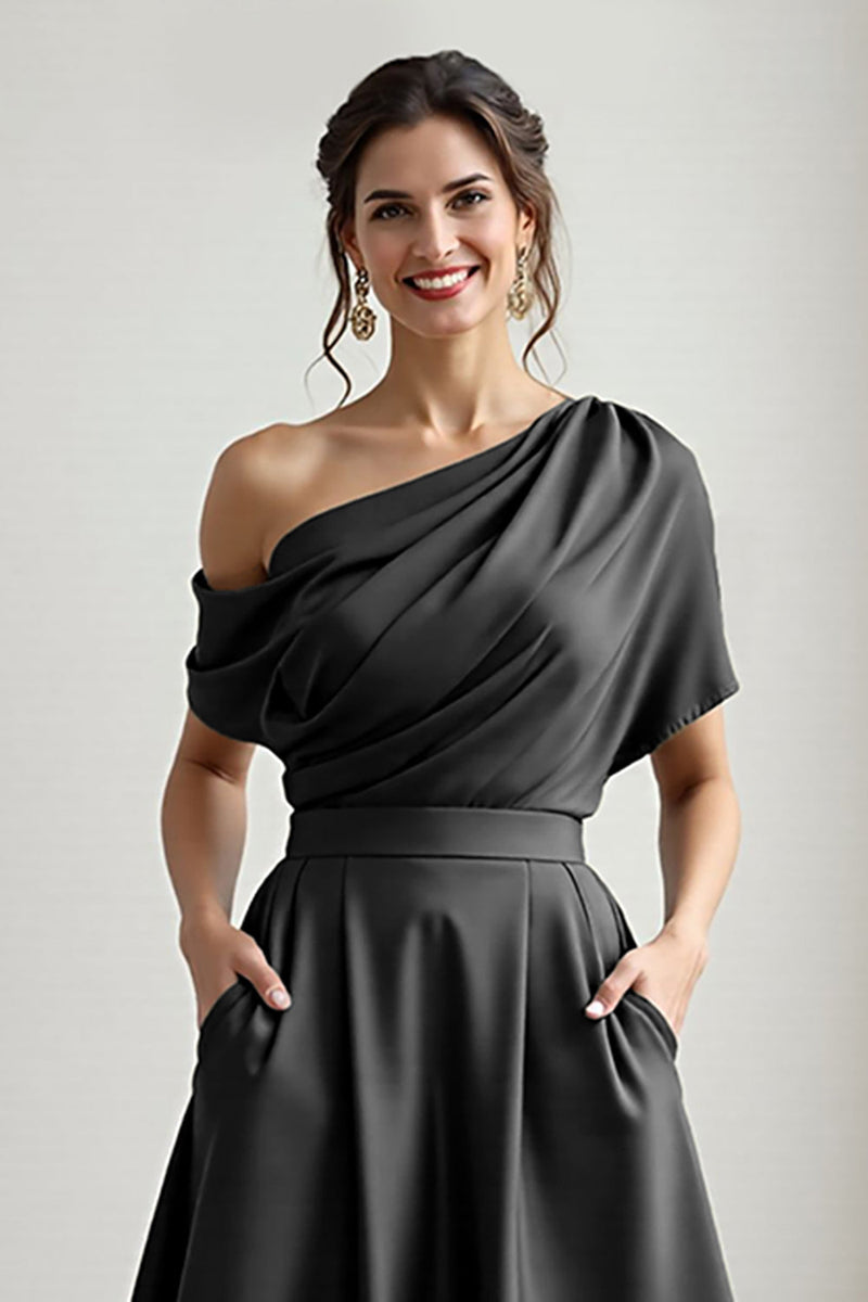 Load image into Gallery viewer, Navy Satin A Line One Shoulder Long Mother of the Bride Dress with Pockets