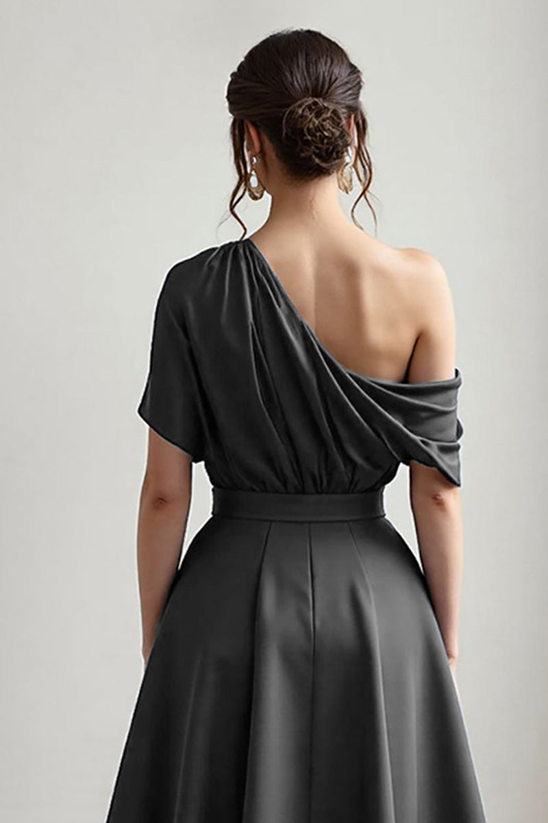 Load image into Gallery viewer, Navy Satin A Line One Shoulder Long Mother of the Bride Dress with Pockets