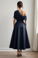 Load image into Gallery viewer, Navy Satin A Line One Shoulder Long Mother of the Bride Dress with Pockets