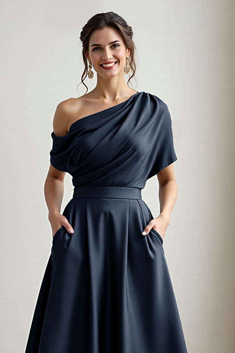 Load image into Gallery viewer, Navy Satin A Line One Shoulder Long Mother of the Bride Dress with Pockets