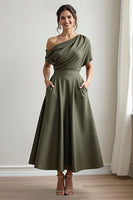 Load image into Gallery viewer, Navy Satin A Line One Shoulder Long Mother of the Bride Dress with Pockets