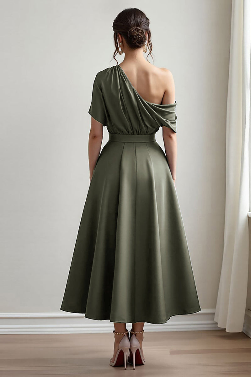 Load image into Gallery viewer, Navy Satin A Line One Shoulder Long Mother of the Bride Dress with Pockets