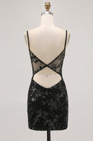 Load image into Gallery viewer, Black Sparkly Corset Spaghetti Straps Tight Short Homecoming Dress with Lace