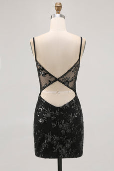 Black Sparkly Corset Spaghetti Straps Tight Short Homecoming Dress with Lace