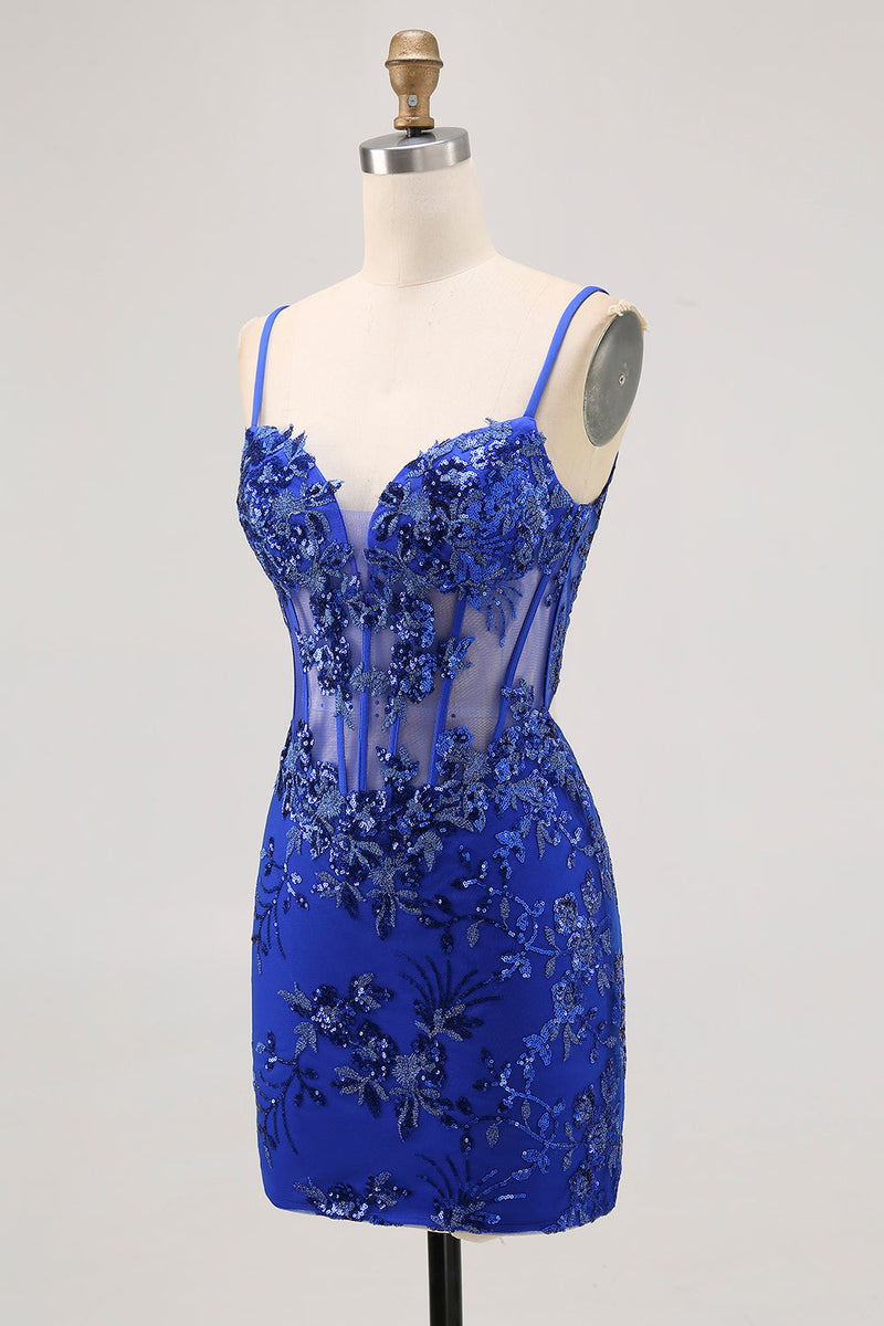 Load image into Gallery viewer, Sparkly Royal Blue Corset Tulle Tight Short Homecoming Dress with Lace