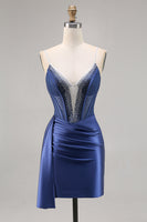 Load image into Gallery viewer, Sparkly Grey Blue Satin Short Corset Homecoming Dress with Beading