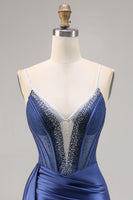 Load image into Gallery viewer, Sparkly Navy Satin Short Corset Homecoming Dress with Beading